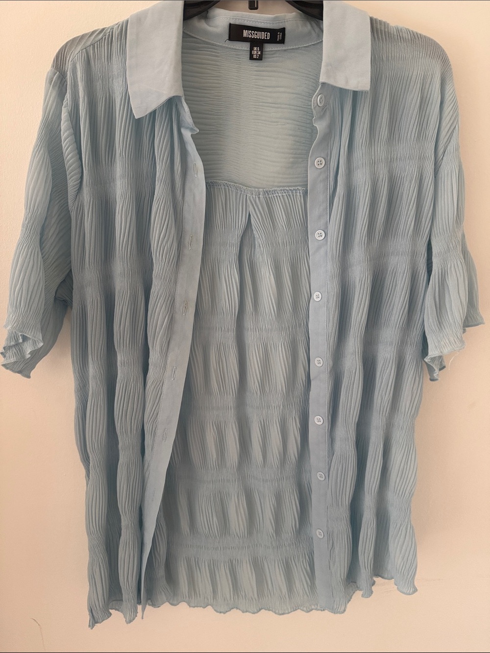 Missguided Pale Blue Crinkled Button-Front Top